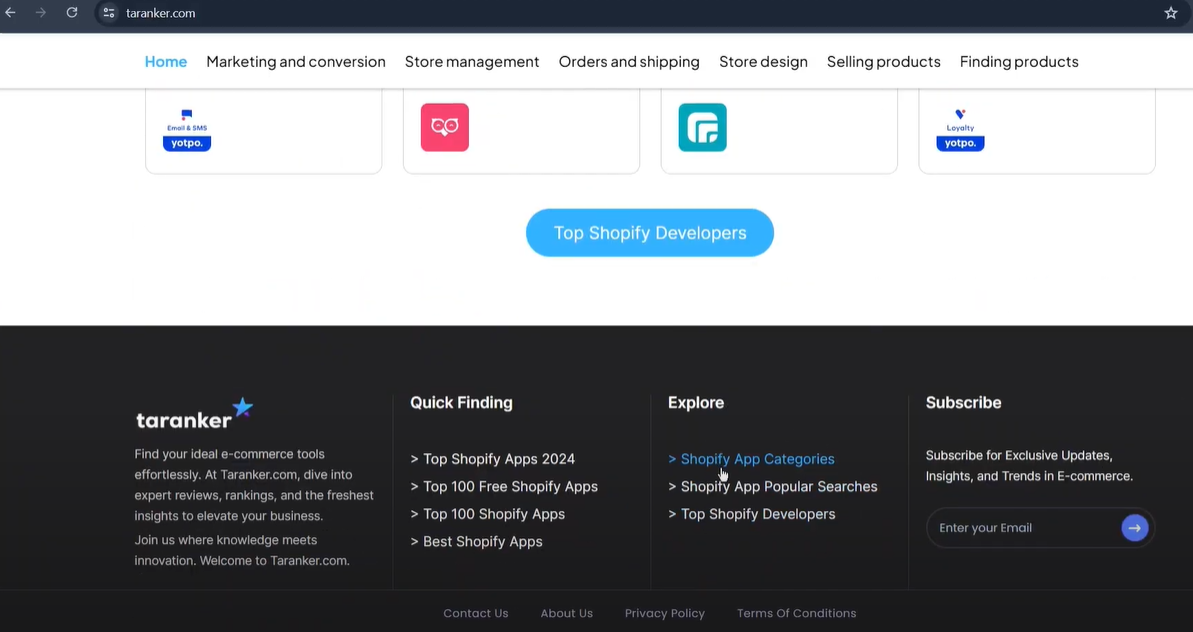 Explore Shopify app categories on Taranker to find the top-rated apps that suit your business needs. Taranker offers curated lists to help you choose the best tools for your store.