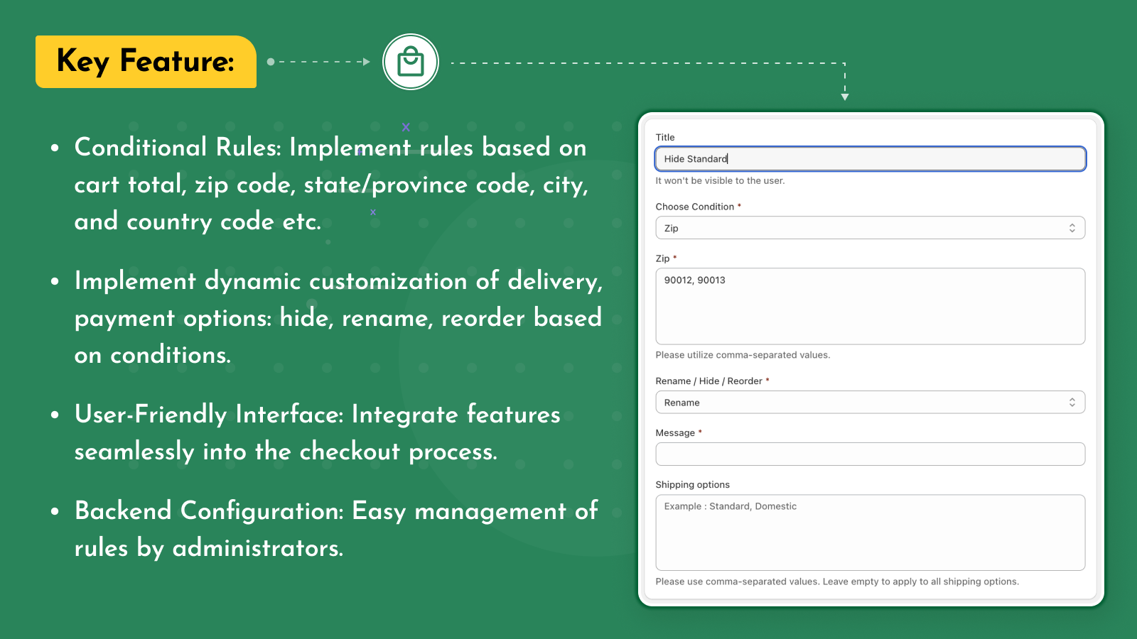 Implement dynamic checkout customization with Tweakday, allowing you to set conditional rules and enhance the user experience by hiding, renaming, or reordering delivery and payment options based on specific conditions.