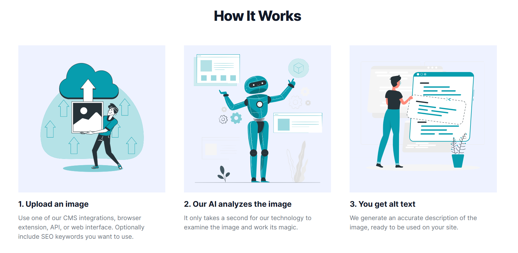 Enhance your Shopify store's SEO by automatically generating accurate and SEO-optimized alt text for images with AltText.ai, using advanced AI technology to analyze and describe your visuals.