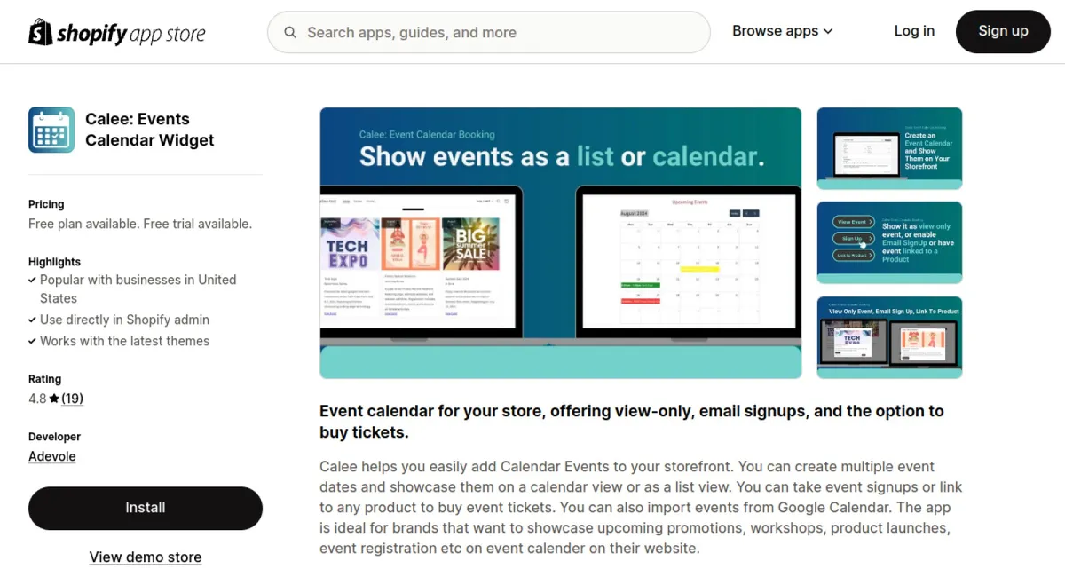 Calee: Events Calendar Widget cover