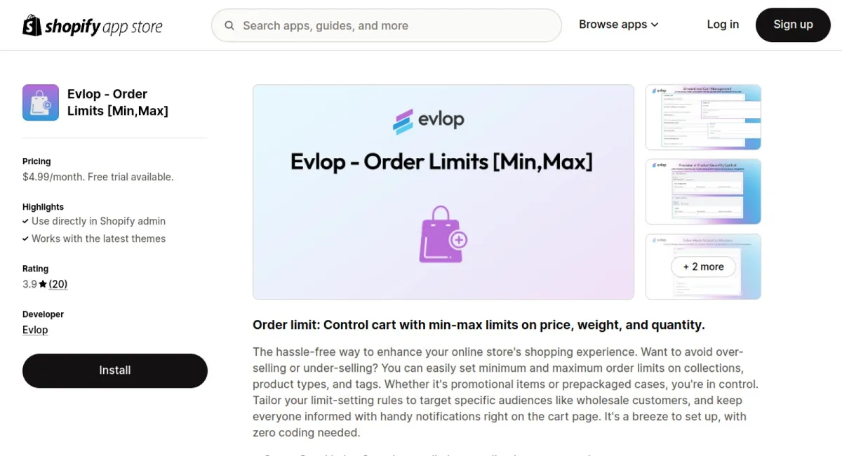 Evlop ‑ Order Limits [Min,Max] cover