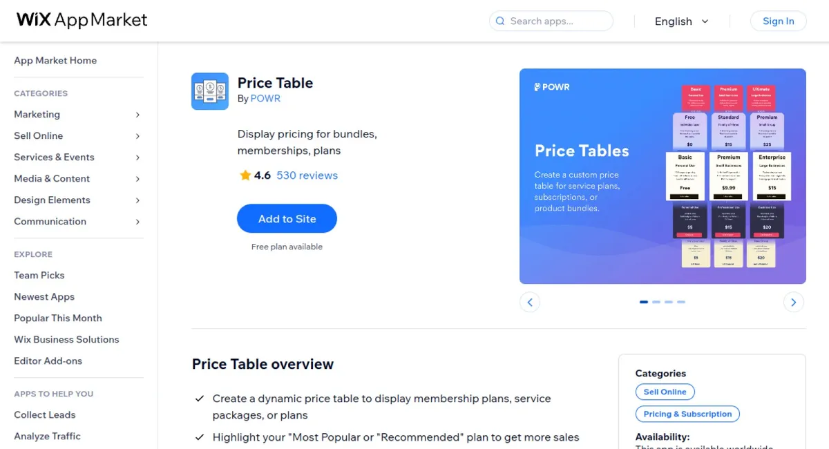 Price Table cover