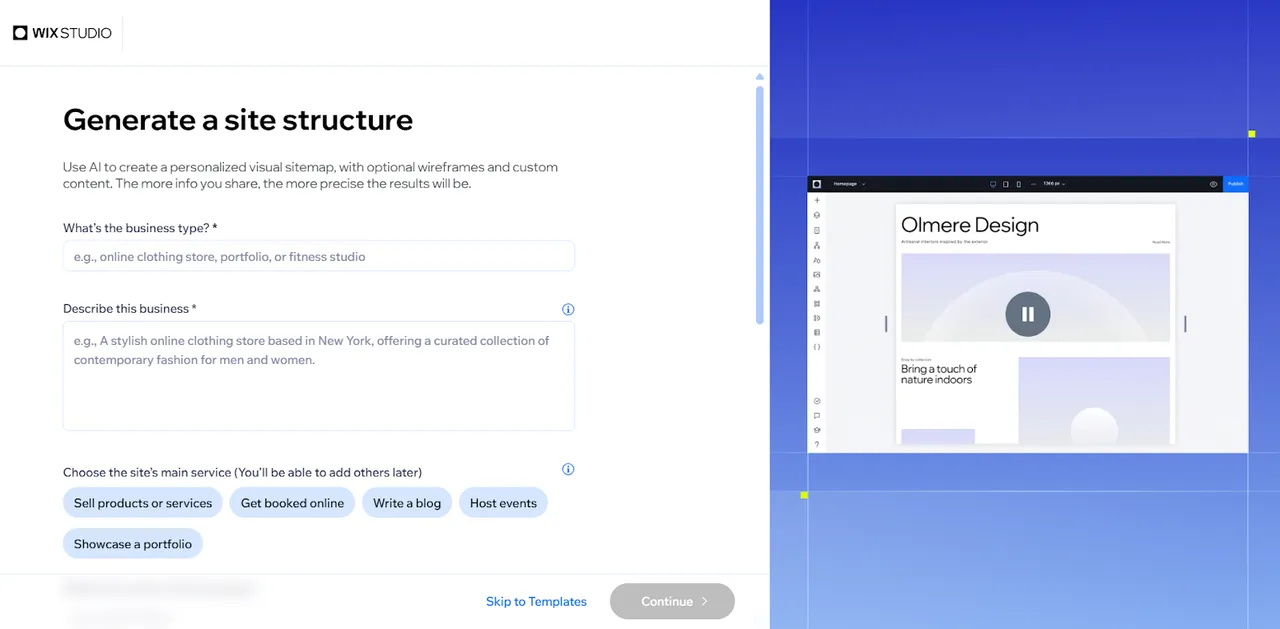 Answer questions about your website’s purpose and style to let Wix ADI create a custom layout and content suggestions.