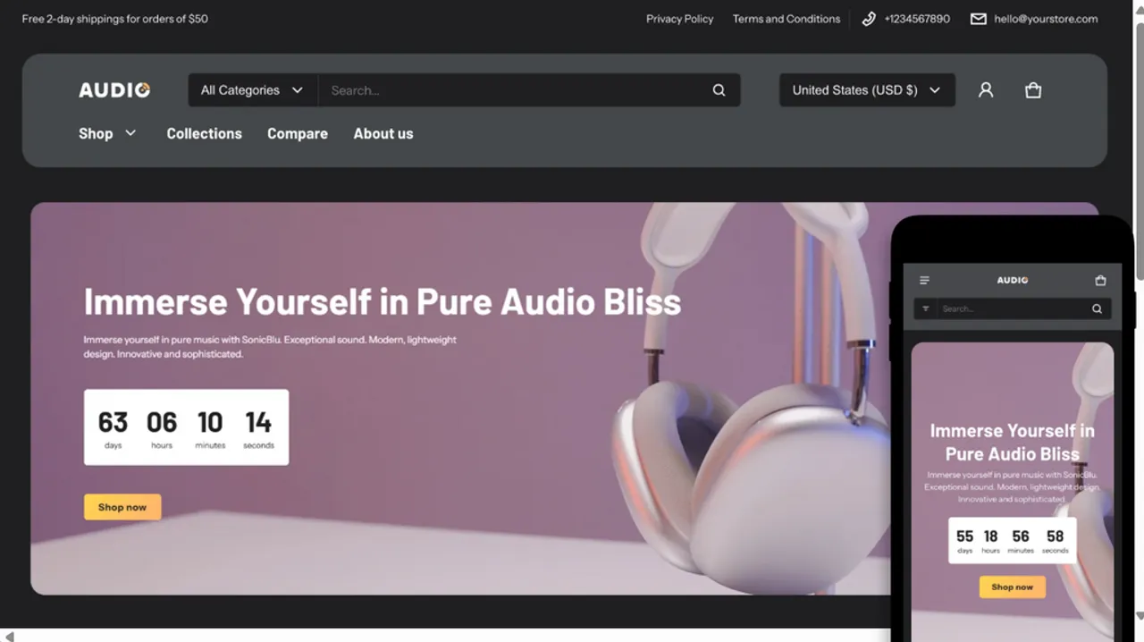 Feature-rich design for showcasing headphones, speakers, and video equipment with immersive imagery.