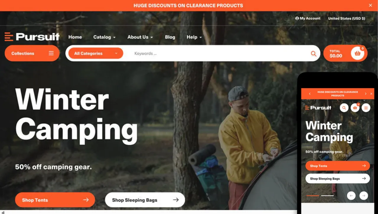 Pursuit’s dynamic layout highlights camping gear and outdoor lifestyle products.