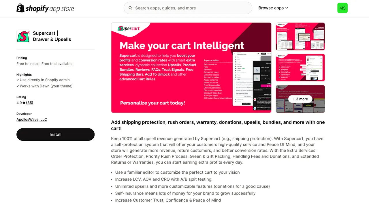 Supercart | Drawer & Upsells app listing showcasing features like A/B testing, unlimited upsells, order protection, extended warranties, and gift packing. 