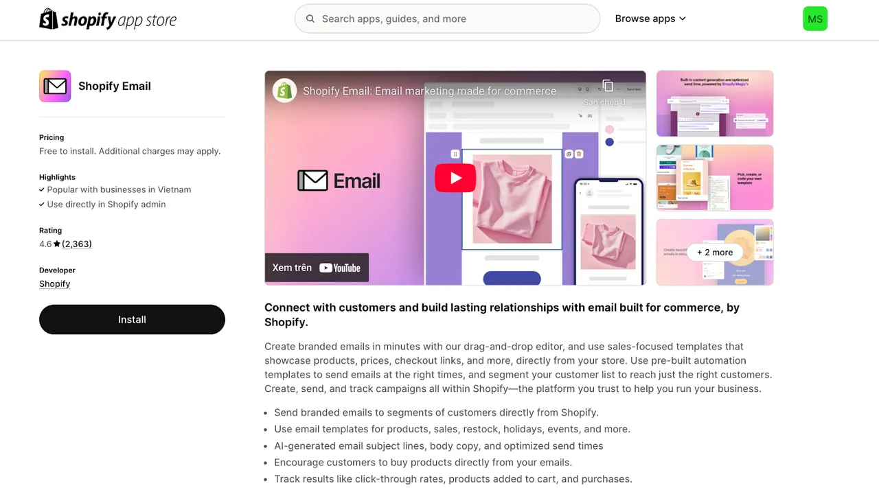 Shopify Email app listing showcasing key features such as drag-and-drop editor, customer segmentation, performance tracking, and AI-generated content.