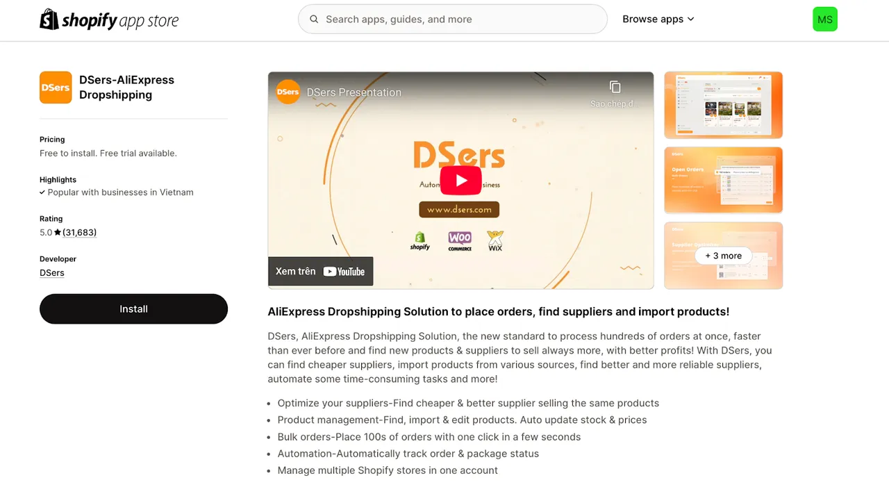 DSers – AliExpress Dropshipping app listing showcasing key features like bulk order processing, supplier optimization, multi-store management, and automation tools.