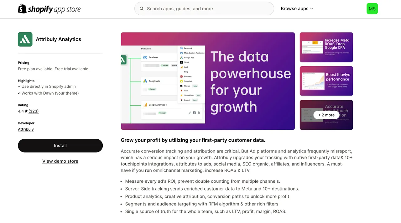 Attribuly Analytics app listing showcasing key features like centralized dashboard, accurate conversion tracking, cross-channel attribution, customer segmentation, and budget allocation.