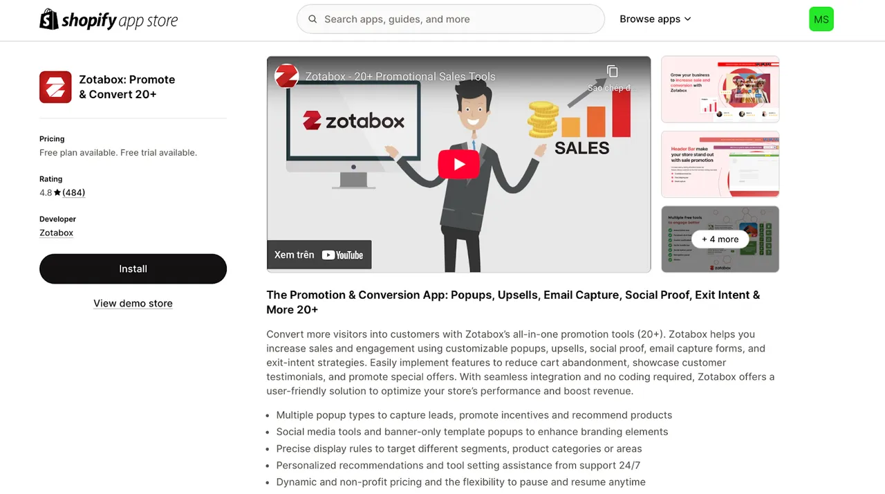 Zotabox: Promote & Convert 20+ app listing showcasing features such as easy popups, upsell tools, sales notifications, exit-intent coupons, and social feed integration. 