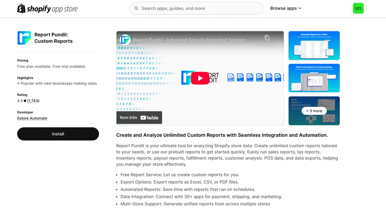 Report Pundit: Custom Reports app listing showcasing features such as data export options, multi-store reporting, advanced filtering, third-party integrations, and a custom report designer.