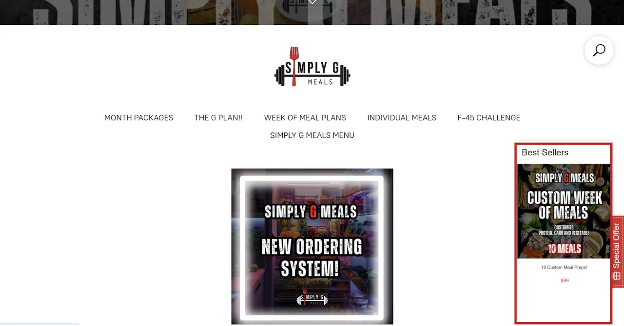 Simply G Meals' website highlighting the Custom Week of Meals plan using Zotabox's Promo Box, resulting in increased conversions.