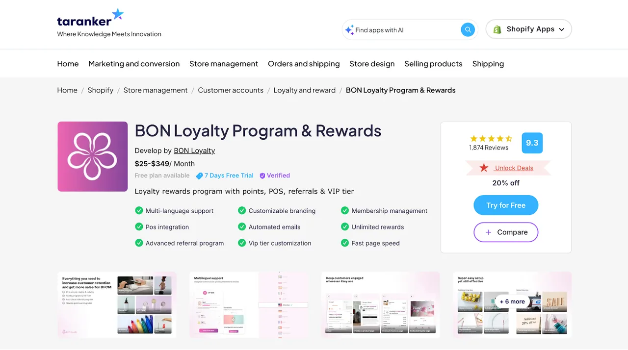 This image shows the BON Loyalty app on Shopify, offering rewards, referrals, and VIP tiers with a free trial.