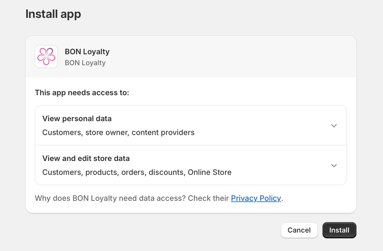 This image shows the installation screen for the BON Loyalty app, requesting access to store and customer data.