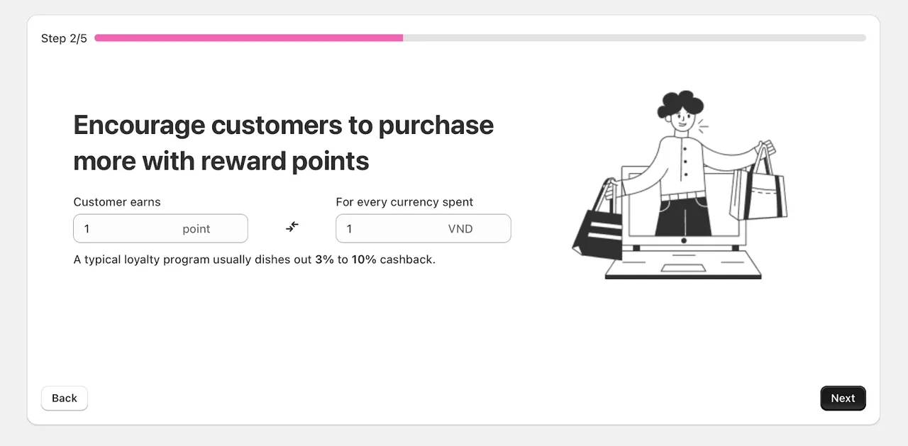 This image shows a setup step for a loyalty program, where customers earn reward points for every currency unit spent.