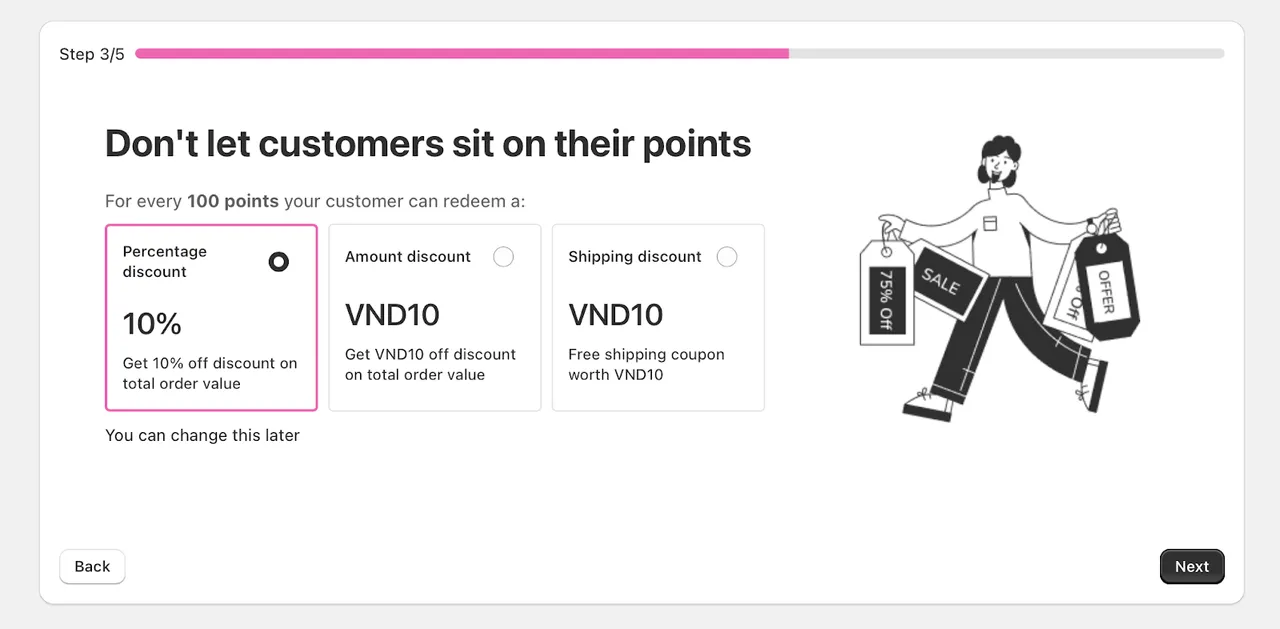 This image shows a step in setting up a loyalty program, where customers can redeem points for discounts or free shipping.