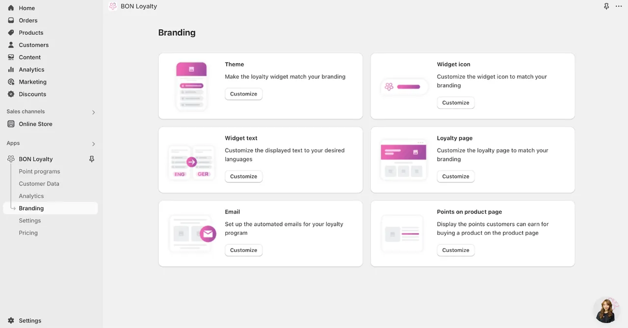 This image shows the branding customization options for the BON Loyalty program, allowing users to adjust themes, text, emails, icons, and loyalty page settings.