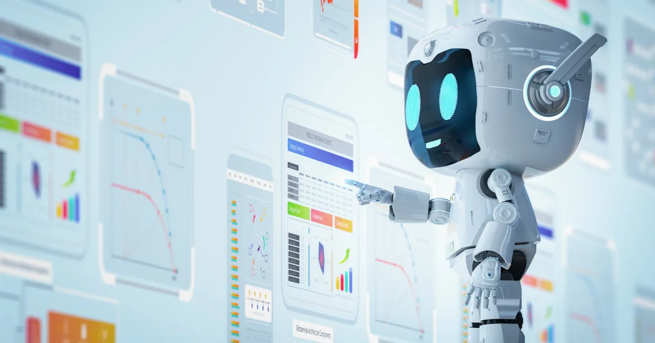 A friendly AI robot analyzing marketing data – a modern visual concept for Shopify merchants using AI-powered tools to optimize their summer campaigns.