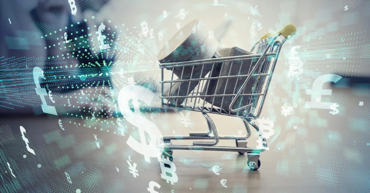 Shopping cart surrounded by digital currency symbols, representing AI-powered personalized eCommerce experiences.