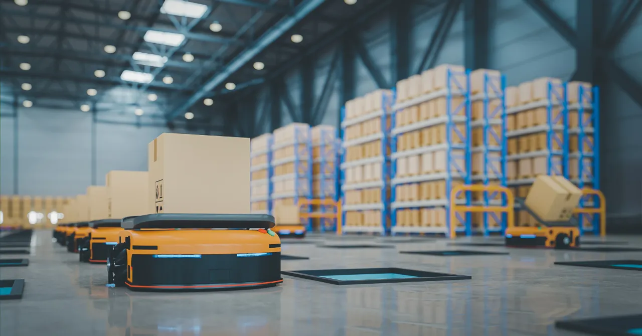 Automated robots transport packages in a smart warehouse—an efficient, AI-powered solution for fast fulfillment and streamlined inventory management.