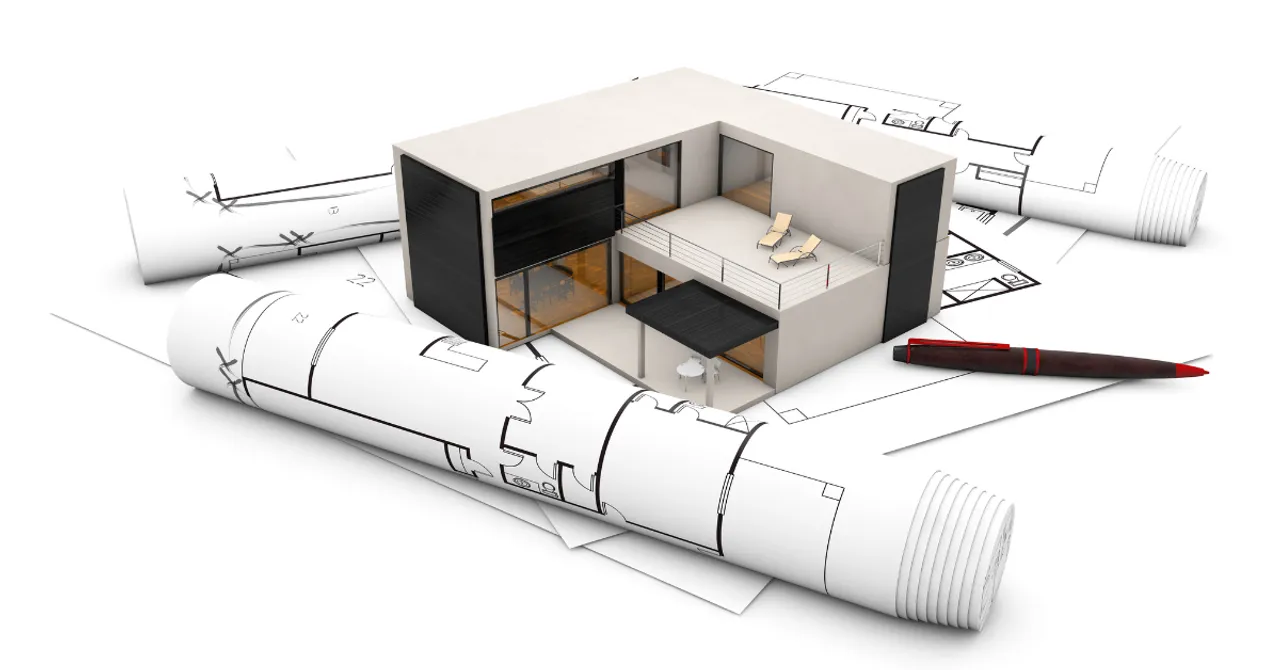 A 3D house model placed on top of architectural blueprints—symbolizing smart planning and scalable design in modern eCommerce or online store layout building.