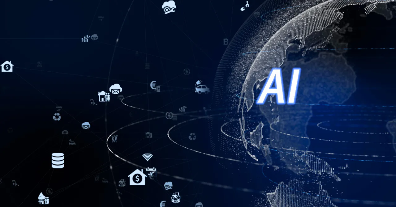Glowing AI text overlaying a digital Earth with icons representing global data, finance, communication, and technology.