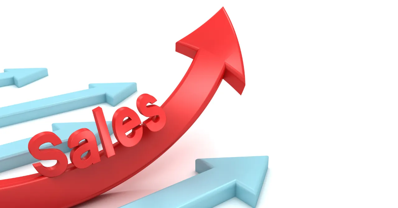Red arrow labeled ‘Sales’ rising above blue arrows, symbolizing sales growth.