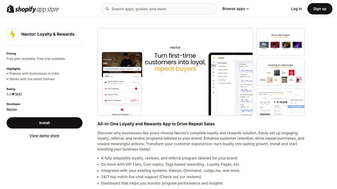 Shopify App Store listing for “Nector: Loyalty & Rewards,” showing app details, user interface previews, and its features.