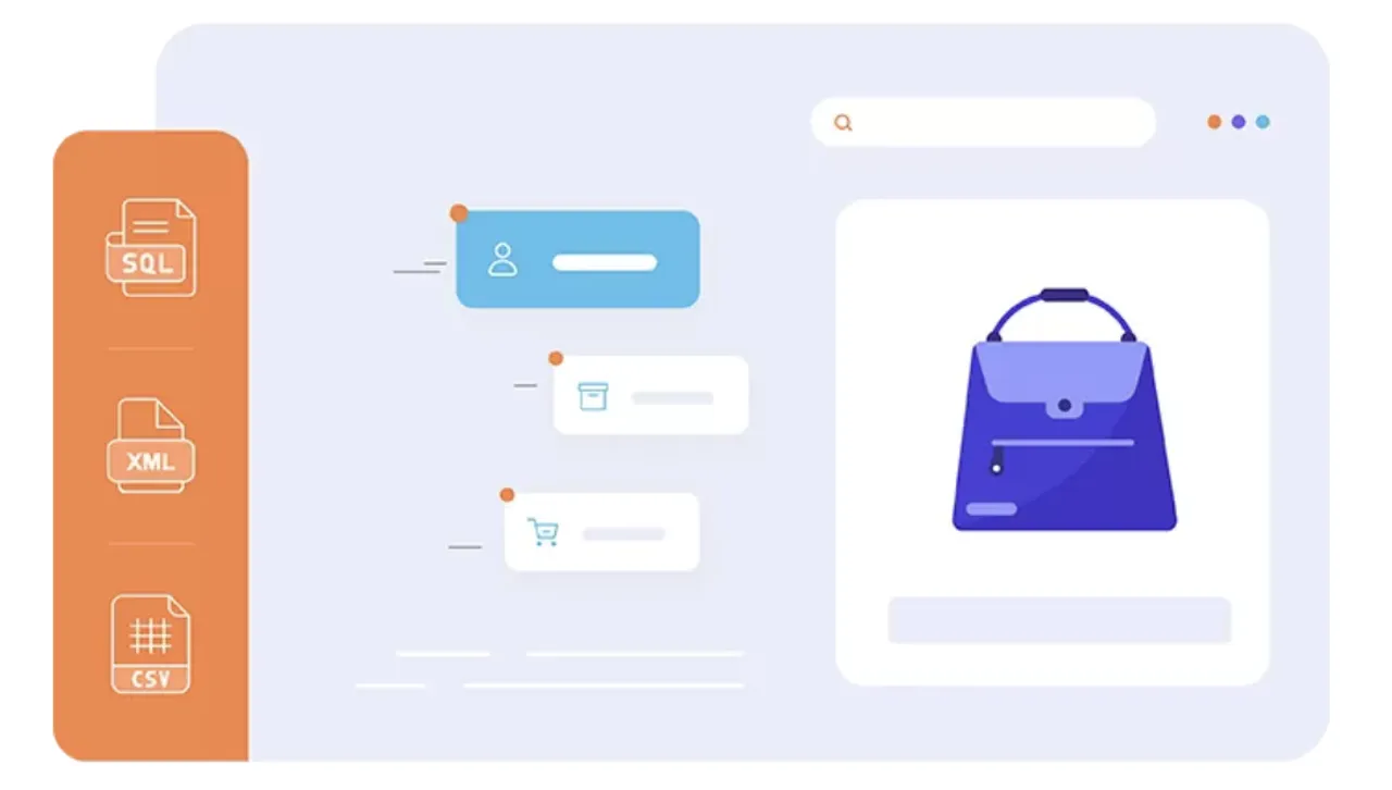 Illustration of eCommerce data migration by LitExtension including customer, order, and product data from SQL, XML, and CSV formats into a new store interface