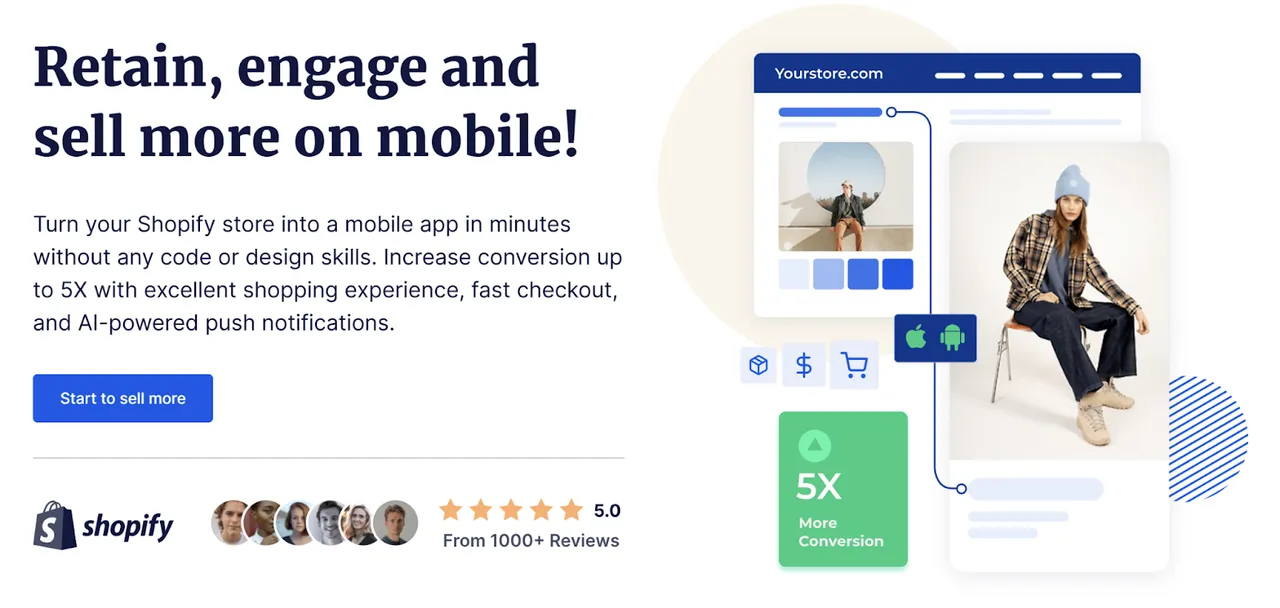 Example of a Shopify store transformed into a mobile app with icons for mobile platforms, 5X more conversion badge, and customer reviews by Shopney.