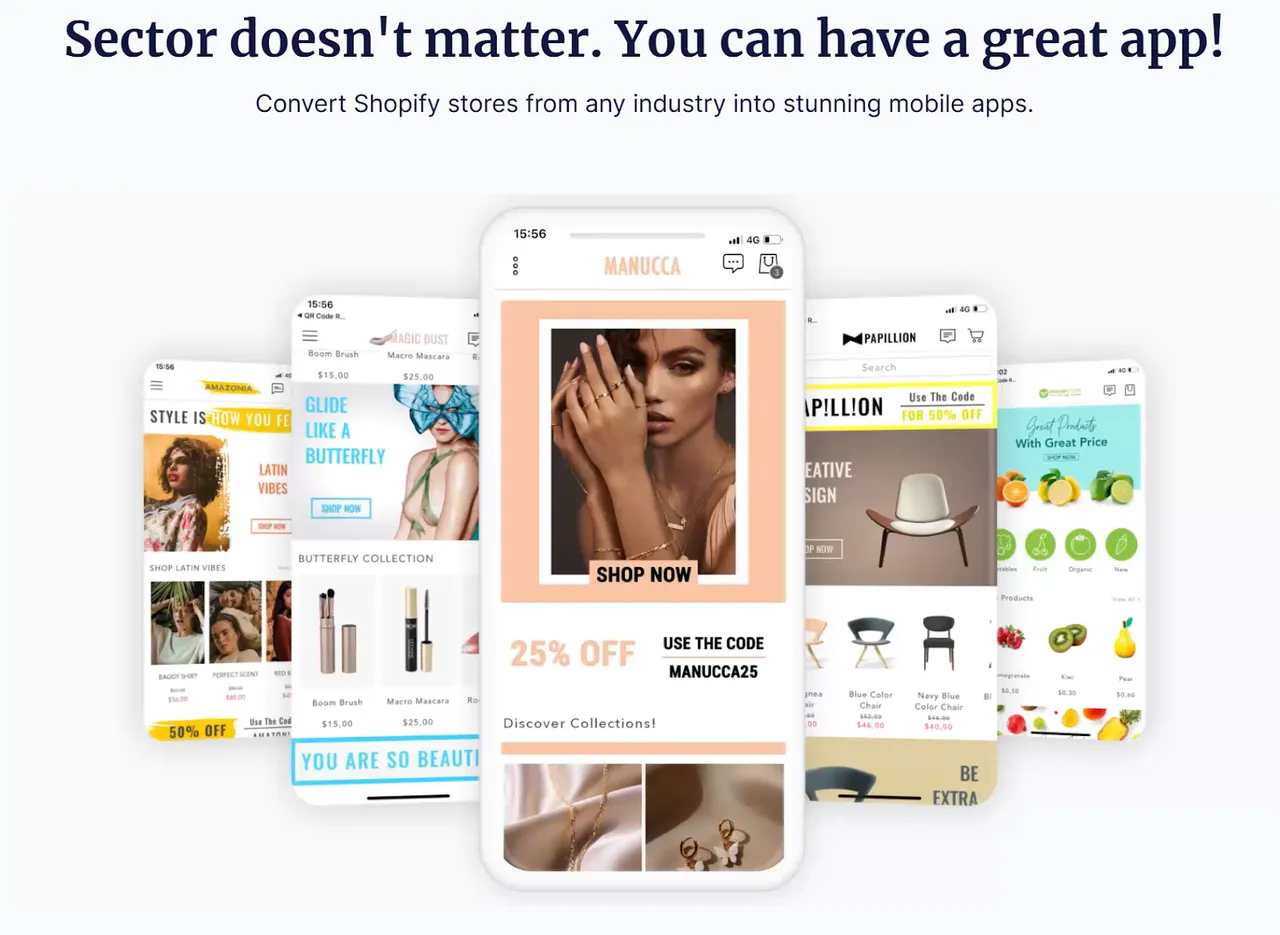Collage of diverse Shopify mobile app storefronts across industries created with Shopney, showcasing products from fashion to home décor.