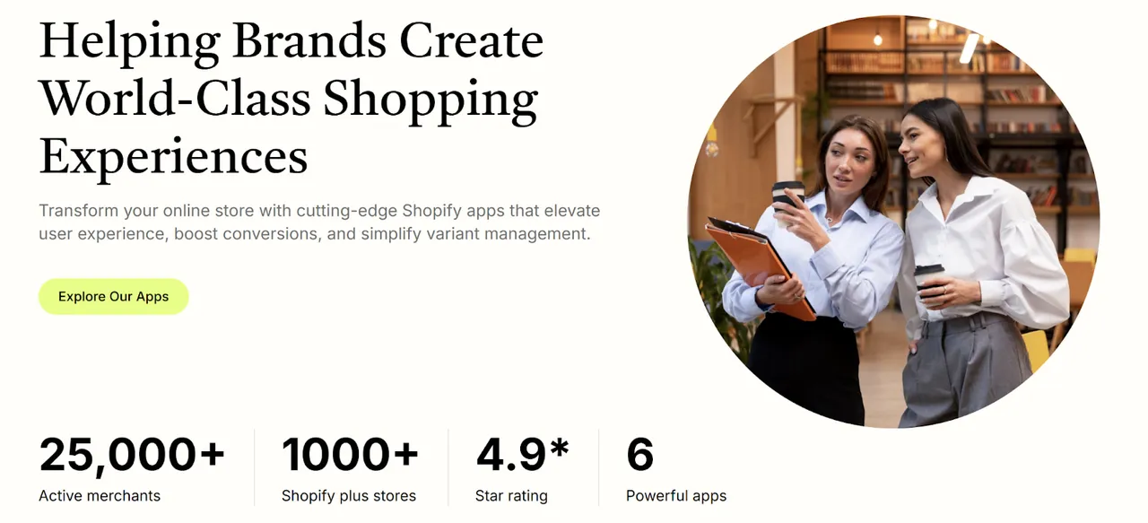 Headline and key stats highlighting StarApps Studio's achievements—25,000+ merchants and 4.9-star rating.