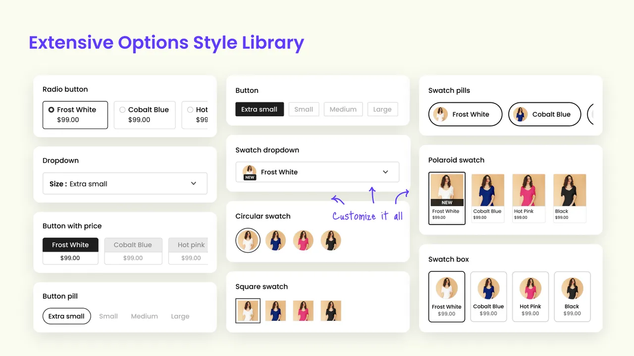 Color Swatch King: Variants admin dashboard showing customization options for color swatches, images, and variant logic.