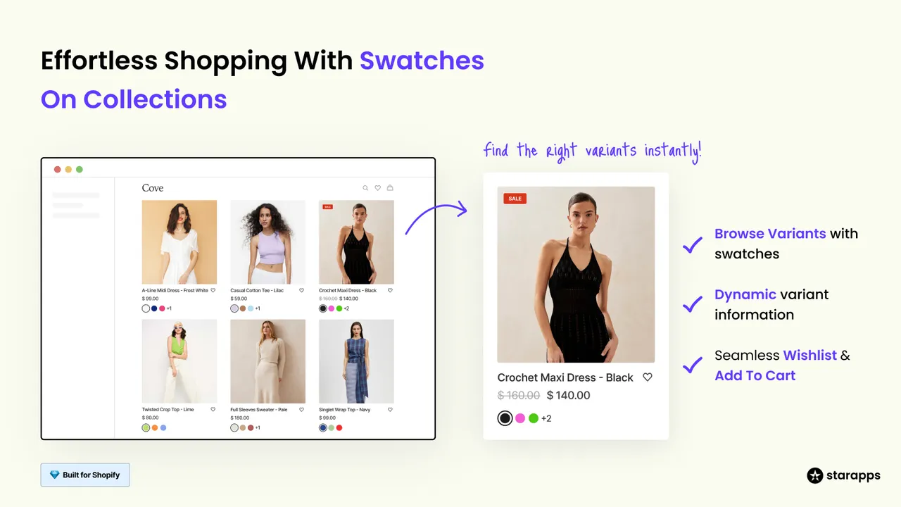Shopify collection page showcasing product variant swatches with instant variant selection, wishlist integration, and dynamic price display using Variant Swatch King.