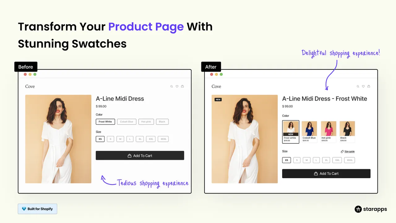 Comparison of Shopify product pages before and after using Variant Swatch King, highlighting enhanced variant display with swatches.