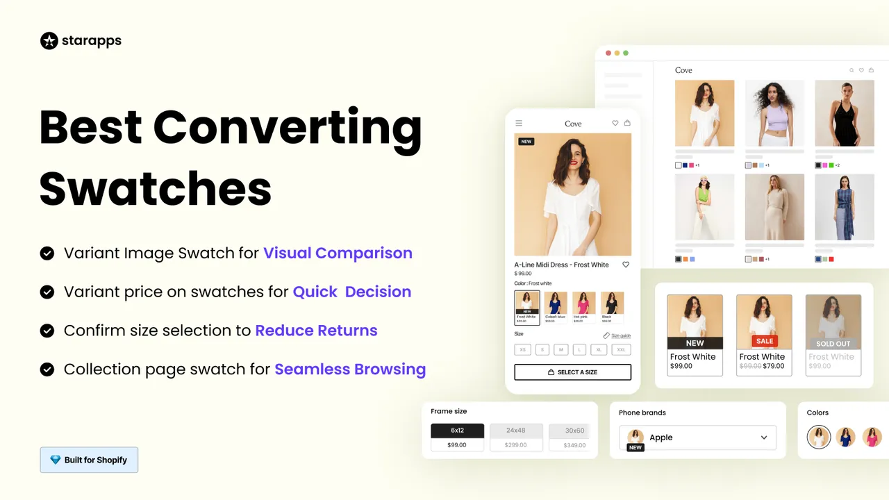 Comparison of Shopify product variant swatches with visual thumbnails, variant prices, and size selection to enhance decision-making and reduce returns.