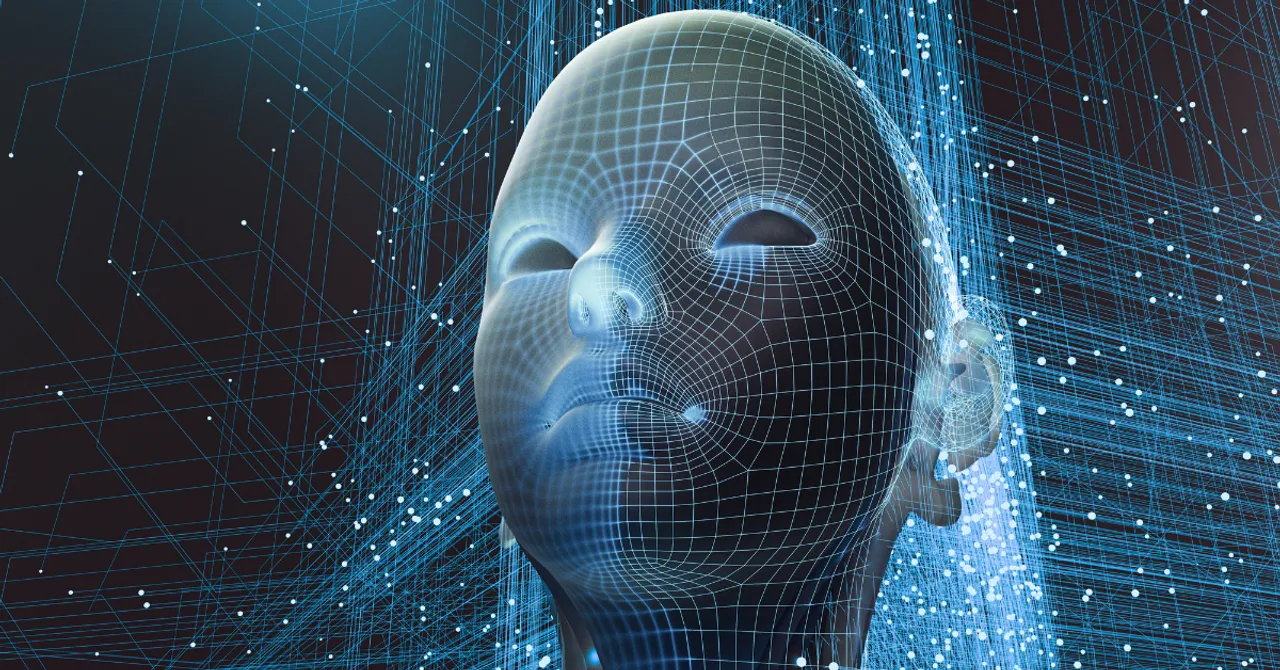 A digital face surrounded by data streams, symbolizing how AI-powered quizzes analyze user preferences to enhance beauty shopping experiences.