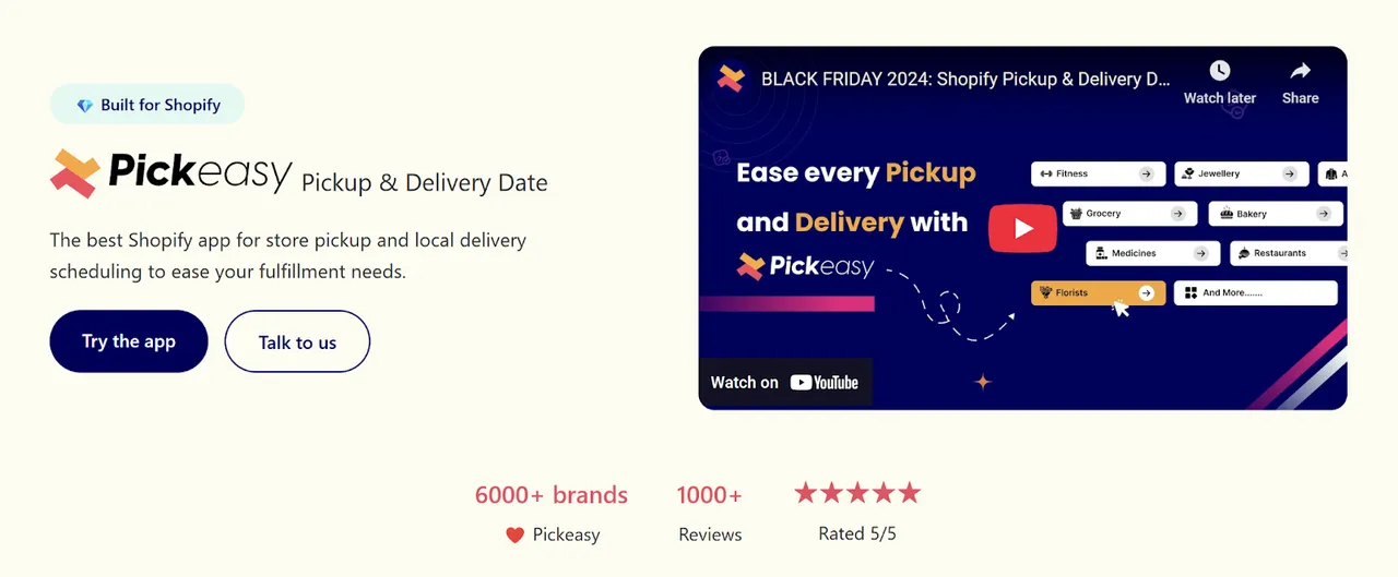 Pickeasy Shopify app overview with app details for pickup and delivery date scheduling and with headline and key stats highlighting Pickeasy’s achievements.