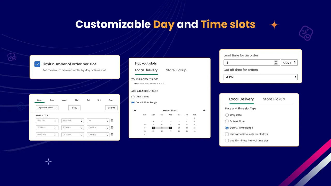 Pickeasy dashboard showcasing order limits, blackout slots, and time slot customization for Shopify delivery orders.
