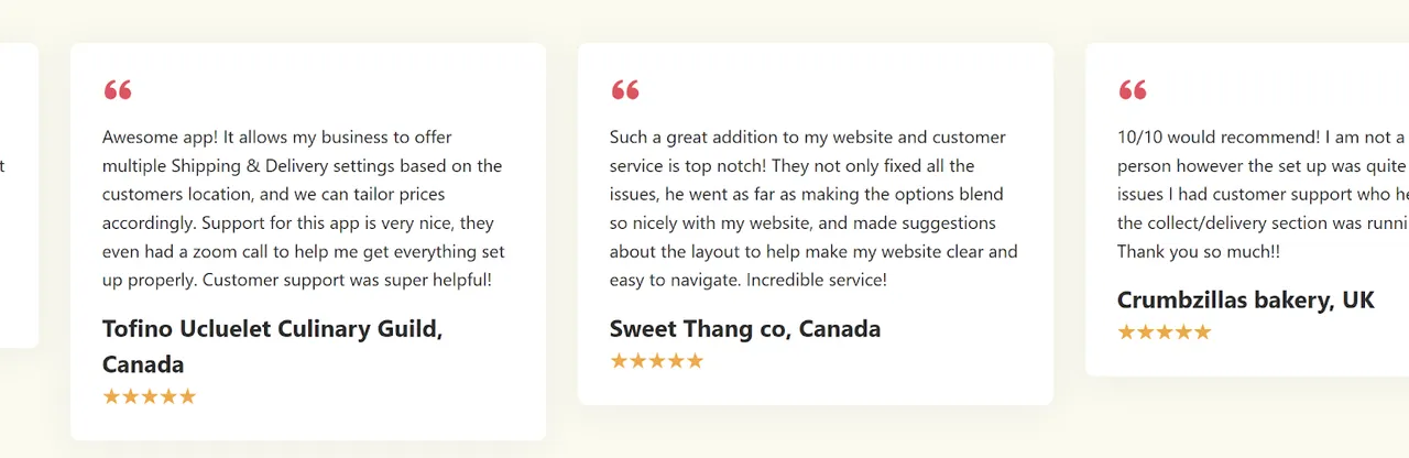 Positive Pickeasy user reviews from Shopify merchants in Canada and the UK highlighting support and delivery flexibility.