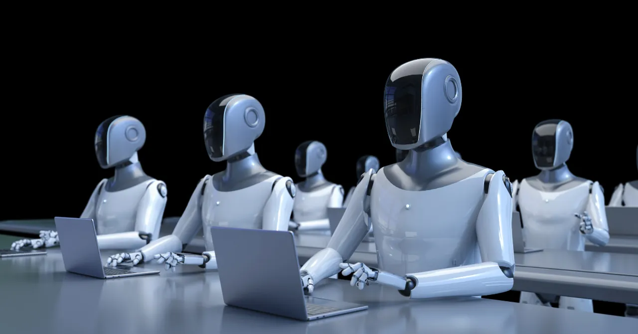 Row of humanoid robots working on laptops, symbolizing how advanced AI systems are powering personalized skincare insights and analysis.