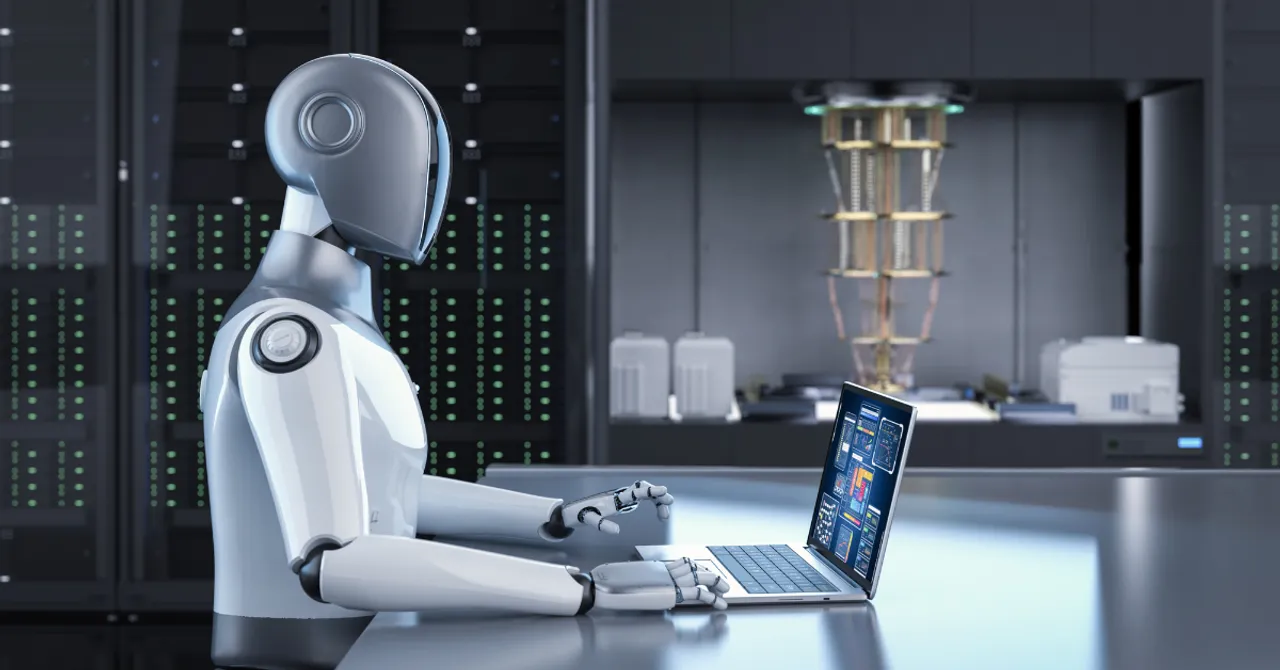 A humanoid robot working on a laptop in a futuristic data center, symbolizing advanced AI systems managing complex computing tasks in high-tech environments.