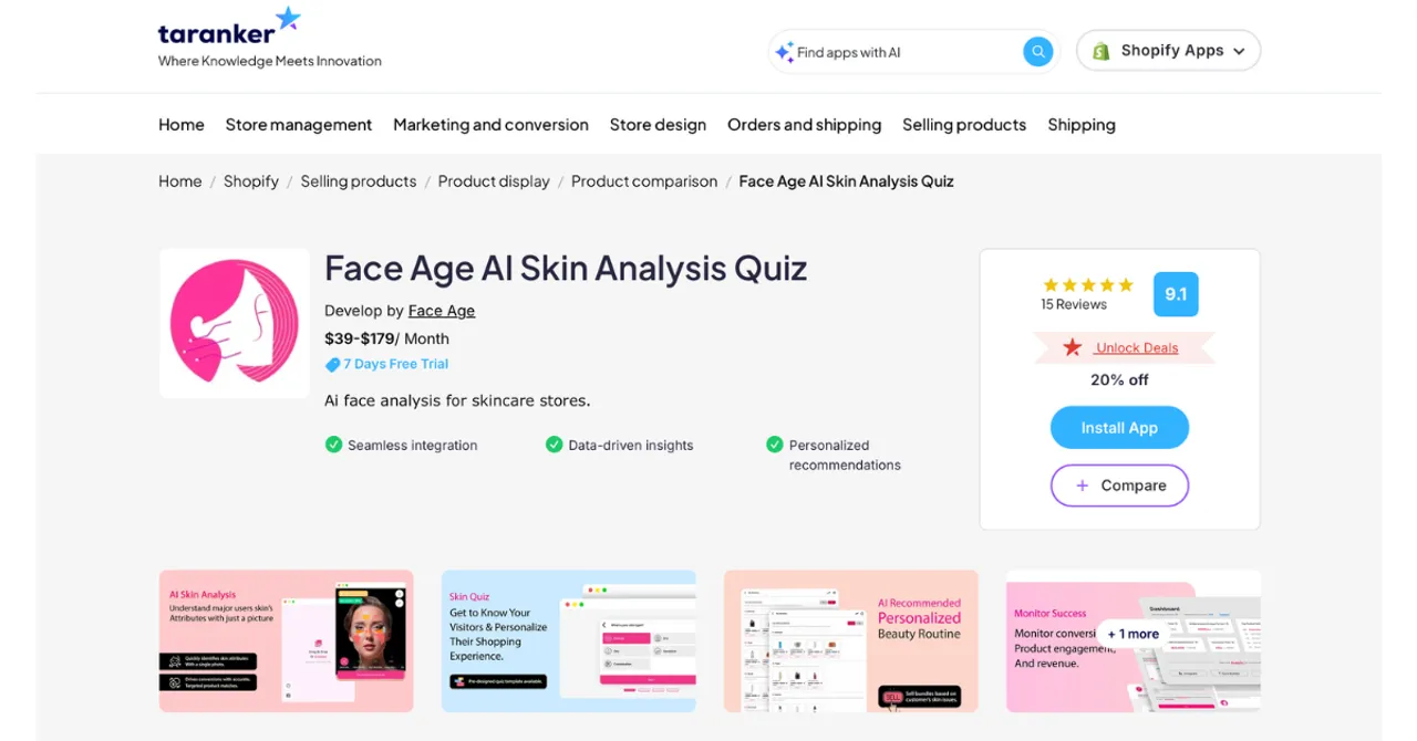 Taranker product listing for the Face Age AI Skin Analysis Quiz app, showcasing its price range, features like personalized skincare recommendations, and a 20% discount with user rating.