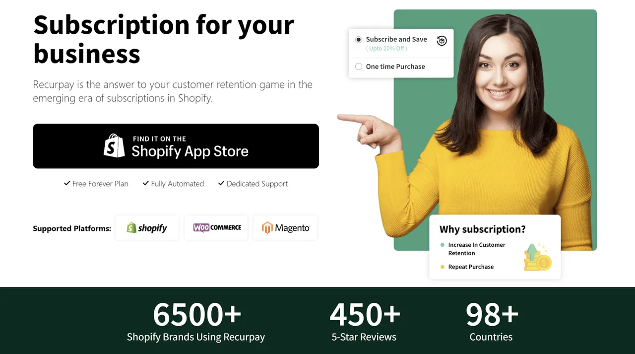 Promotional visual for Recurpay on Shopify App Store highlighting features like free plan, automation, multi-platform support, and 6500+ brands using the app.
