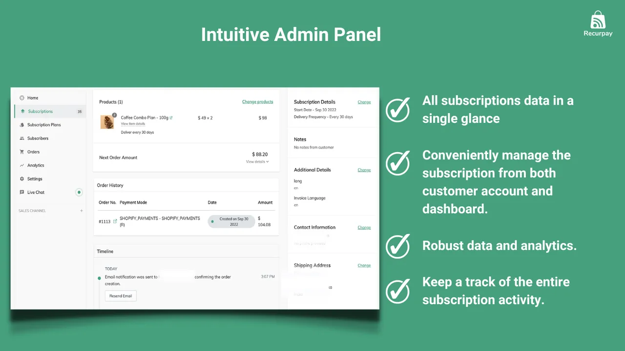 Recurpay admin panel overview with subscription management tools, order history, analytics, and detailed subscription data.