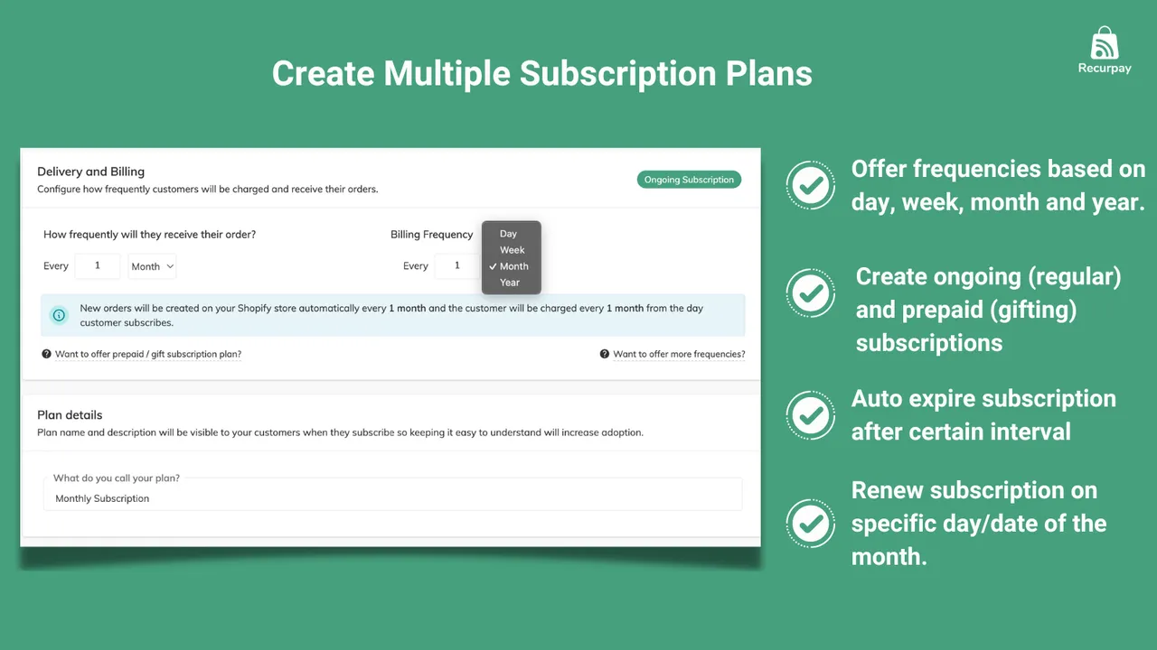 Recurpay interface showing how to create multiple subscription plans with flexible delivery and billing frequencies by day, week, month, or year.