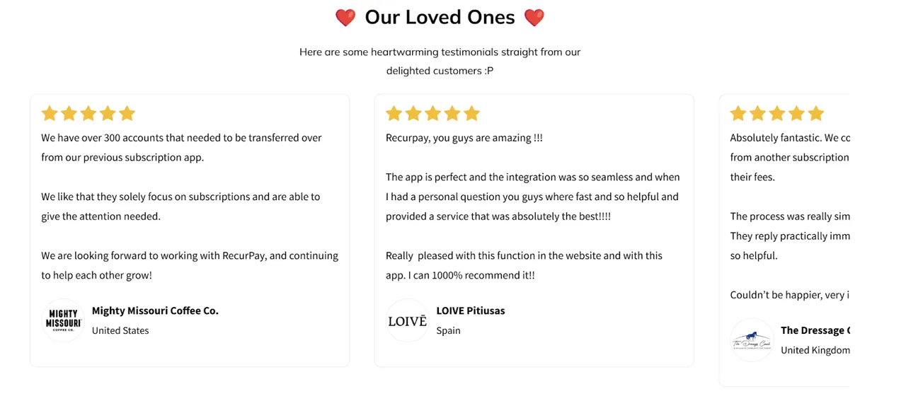 Customer testimonials praising Recurpay’s smooth migration, excellent support, and seamless subscription management for Shopify stores.