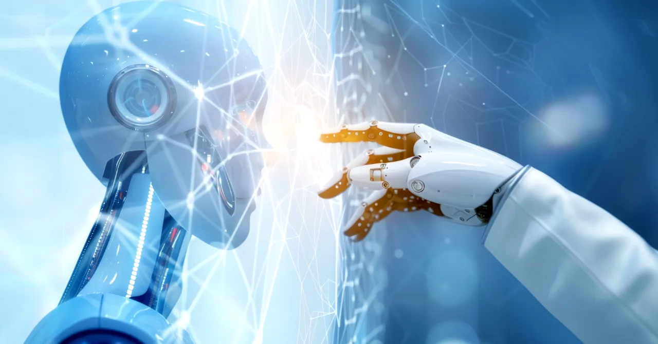 A futuristic robot interacts with a digital interface—symbolizing how AI is transforming beauty retail by becoming the smart assistant behind Shopify store success.