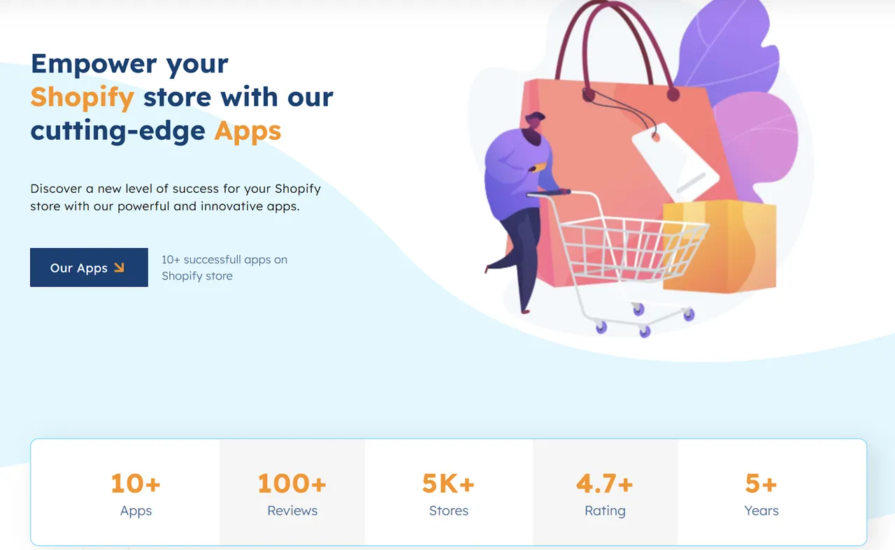 Illustration of a person pushing a shopping cart in front of large shopping bags, promoting Final Apps’ suite of Shopify apps with over 10 apps and 5,000+ stores using them.