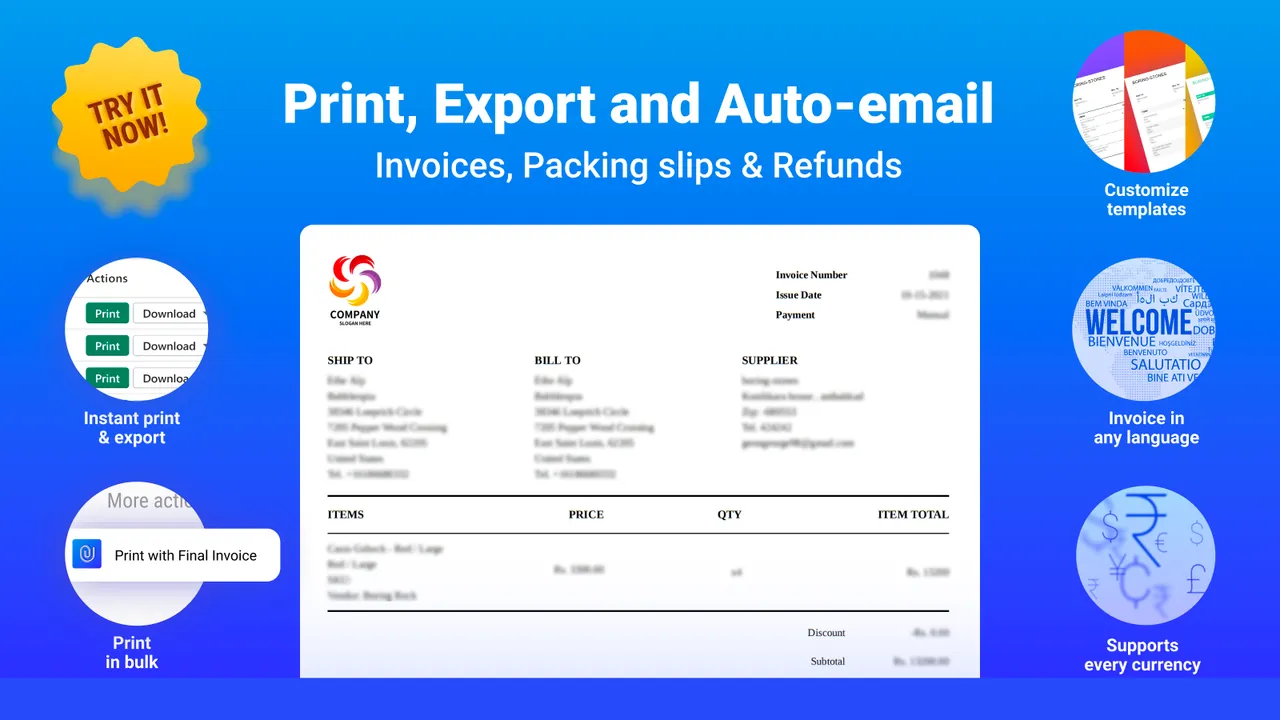 Overview of the F: PDF Invoice Generator app's full capabilities including print, export, auto-email, and template customization, with visual highlights of its key invoicing functions.